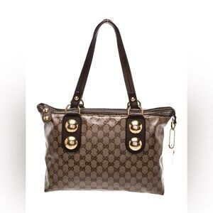 Gucci Monogram Canvas Shoulder Bag‎ Gold Hardware Brown Tote